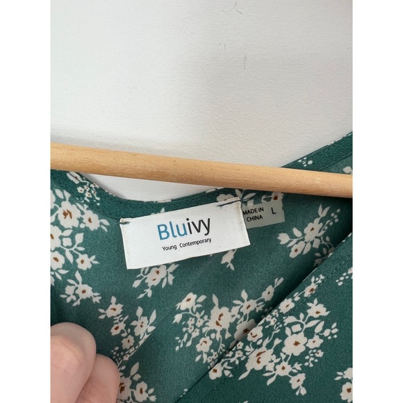 Bluivy Floral Romper Teal Green Flutter Sleeve Button Front Tie Waist Pockets L - Picture 7 of 7